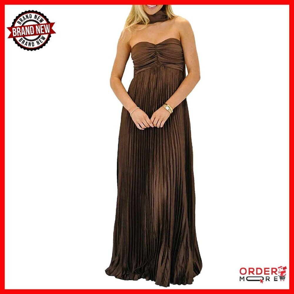 Strapless Pleated Formal Maxi Dress with Scarf - Polyester Wedding Guest Gown